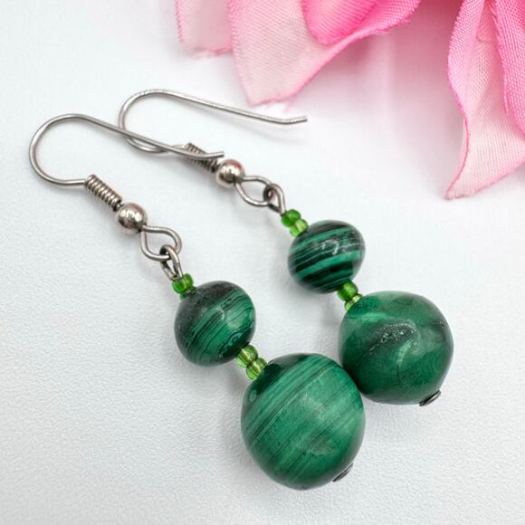 Green Malachite Gemstone Bead Earrings Dangle Lapidary Gem Earthy Forestcore - Picture 2 of 12